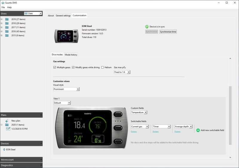 Suunto MD5 editace obrazovky