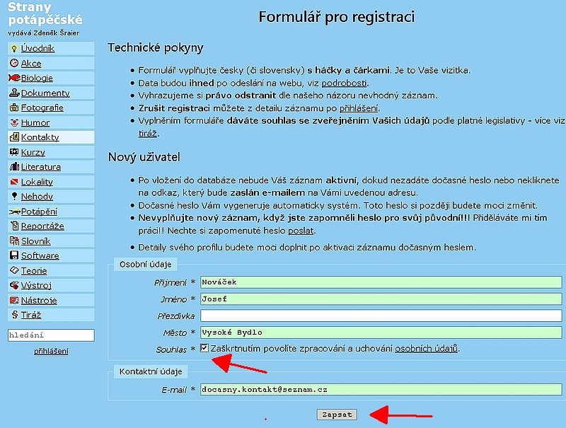 Registrace novho uivatele - screenshot