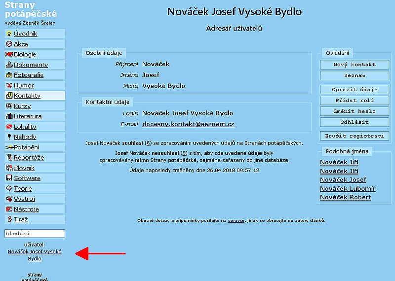 Registrace novho uivatele - screenshot